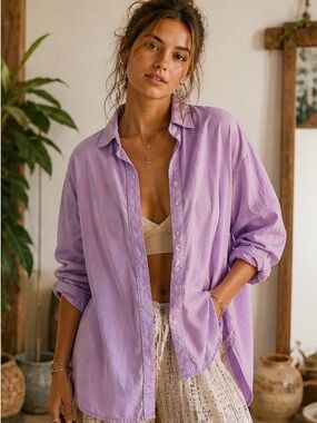 Aerie Oversized Lilac Cotton Shirt S | Slouchy Boho